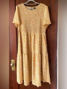 Smocked Floral Midi Dress in Mustard Yellow